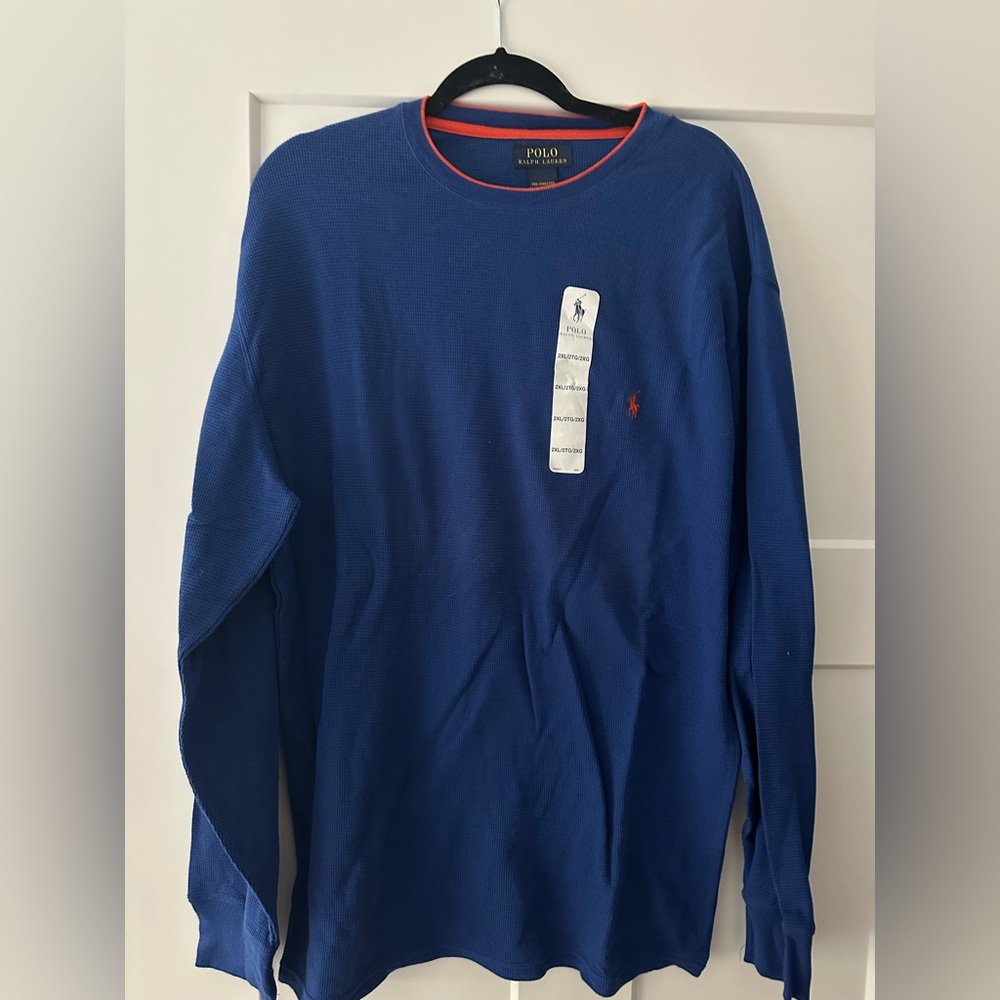 Polo Ralph Lauren blue thermal long sleeve shirt with orange collar trim. NWOT